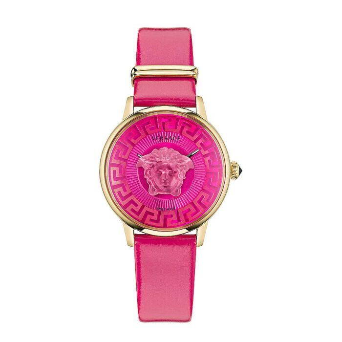 Versace Pink, Pink Watch, Versace Watch, Versace Accessories, Leather Strap Watch, Gold Case, Swiss Made, Pink Leather, Alchemy