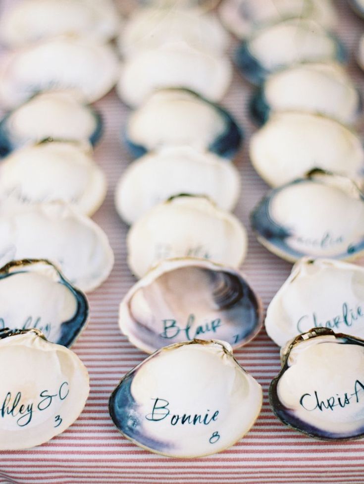 shells with names on them sitting on a red and white striped tableclothed cloth