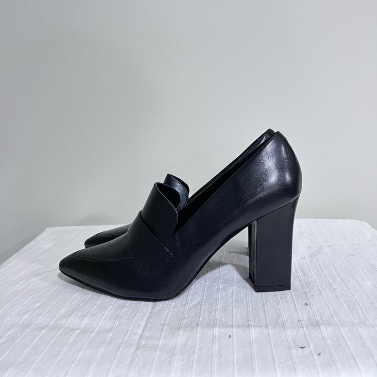 Black Leather Upper Body. With A Chunky Three Inch Heel. New, Never Worn. Super Comfortable. Black Slip-on Court Shoes For Fall, Black Faux Leather Court Shoes For Spring, Black Heels For Office In Fall, Black Heels For Office Wear In Fall, Black Office Heels For Fall, Black Court Shoes With 4-inch Heel For Fall, Chic Faux Leather Court Shoes For Workwear, Black Court Shoes With Reinforced Heel For Fall, Trendy Black Pointed Toe Court Shoes