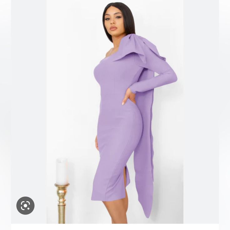 Venus Lavender Purple Dress With Bell Sleeves Size Medium Purple Fitted One-shoulder Dress, Fitted One-shoulder Purple Dress, Chic Lavender Knee-length Midi Dress, Lavender Long Sleeve Midi Dress For Summer, Purple Knee-length Bodycon Dress For Evening, Fitted Mauve Midi Dress, Chic Lavender Midi Dress For Evening, Chic Mauve Midi Length Dress, Feminine Fitted Lavender Midi Dress