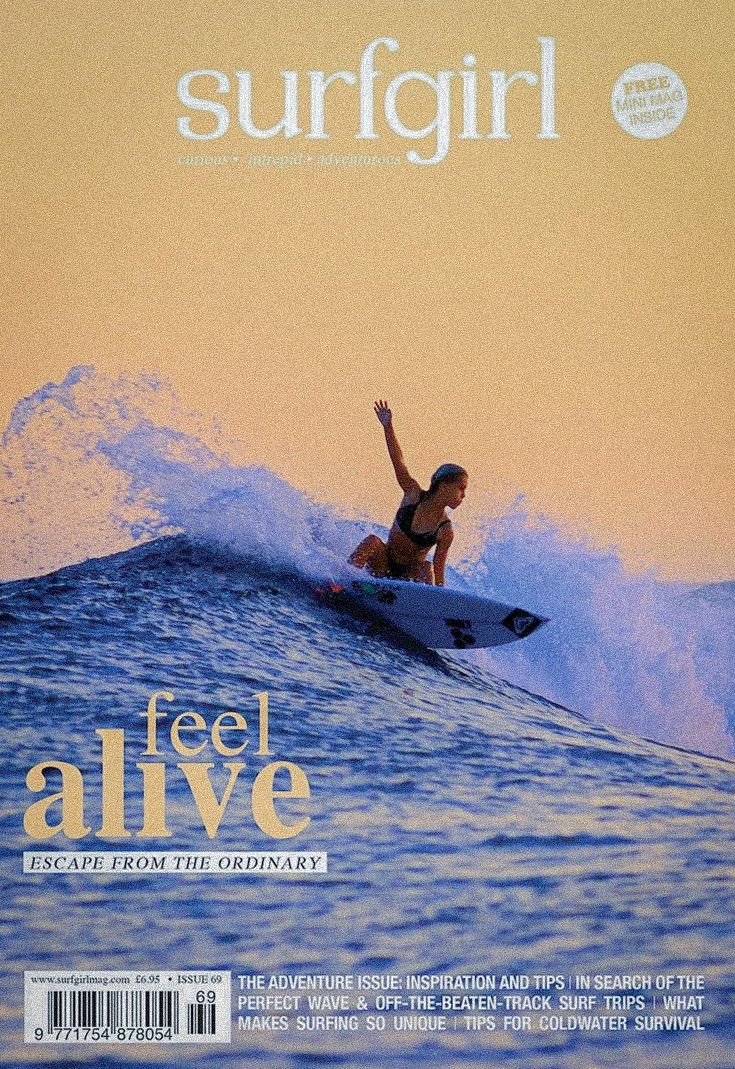 the front cover of surfgirl magazine features a woman on a surfboard riding a wave