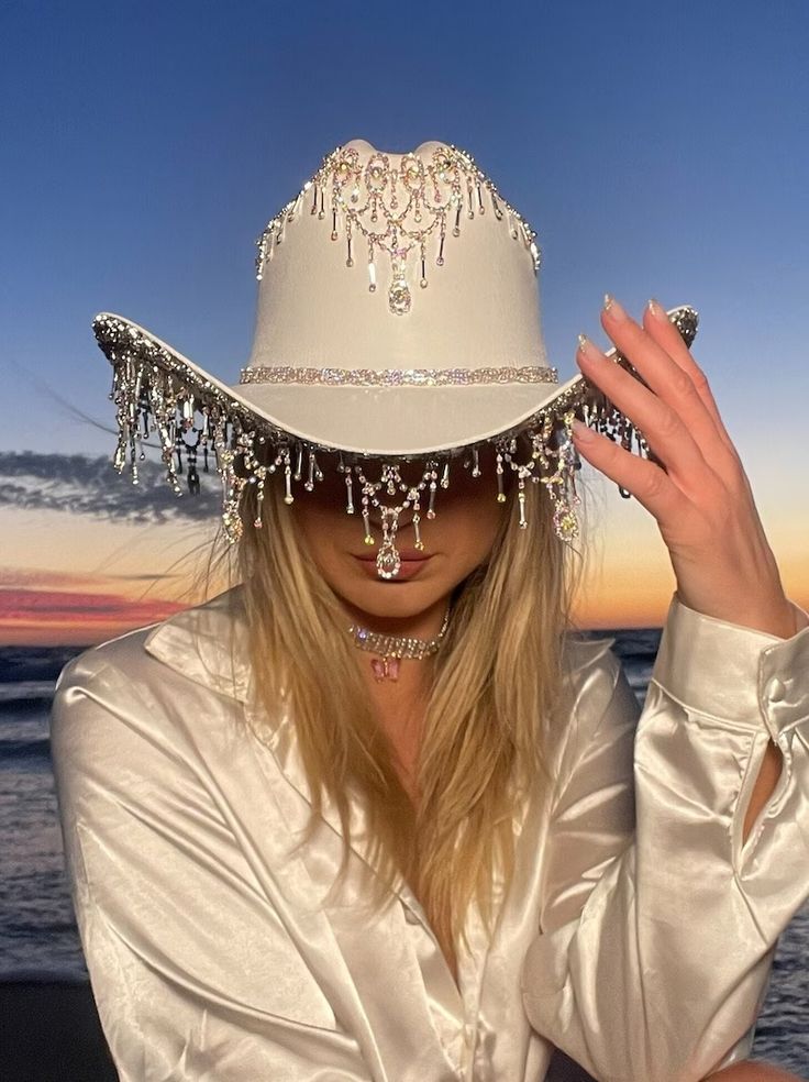 Iridescent Rhinestone Fringe Cowboy Hat majestic - Etsy Glam Cowboy Hat, Cowboy Party Aesthetic, Bachelorette Party Country, Coachella Hat, Fringe Cowboy Hat, Glam Cowgirl, Rhinestone Shorts, Festival Hats, White Cowboy Hat