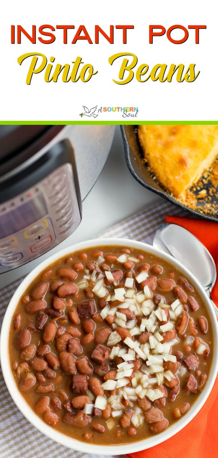 instant pot pinto beans in a white bowl with the title above it and an orange napkin