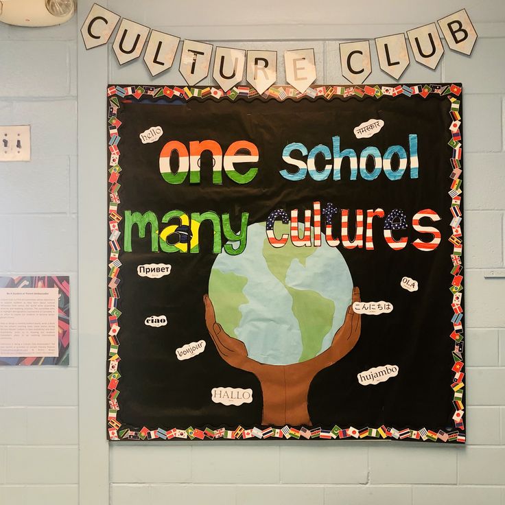 a bulletin board hanging on the wall in a classroom