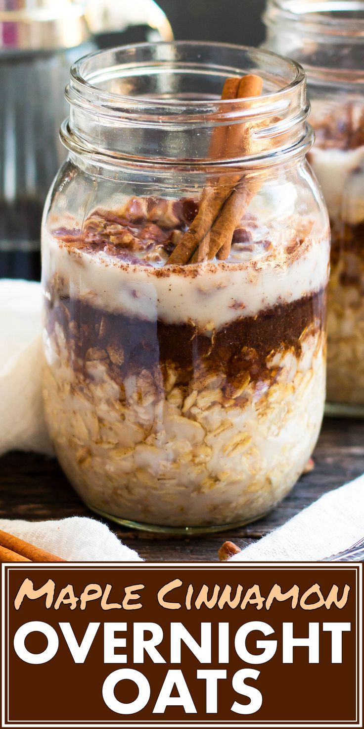 two mason jars filled with overnight oatmeal and cinnamon sticks in the jar