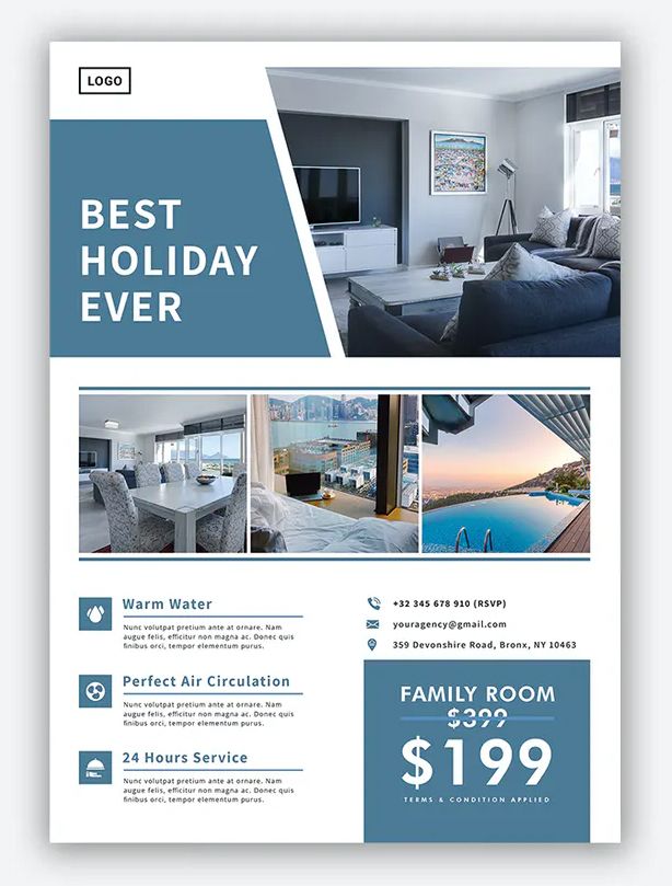 a brochure for a hotel with photos and text on the front, in blue tones