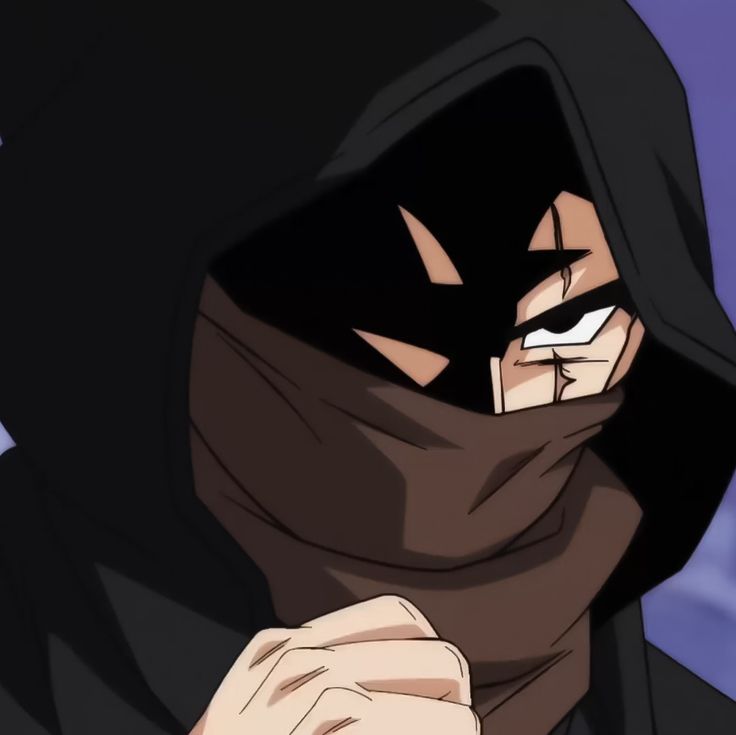 an anime character wearing a black hood and holding his hands to his face with one hand