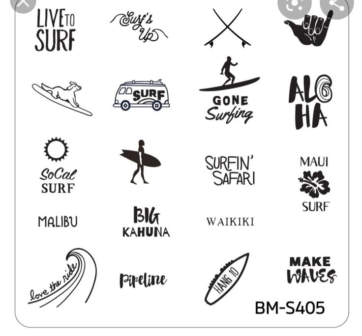 various logos and stickers on a white background, including surfboards, surfing boards