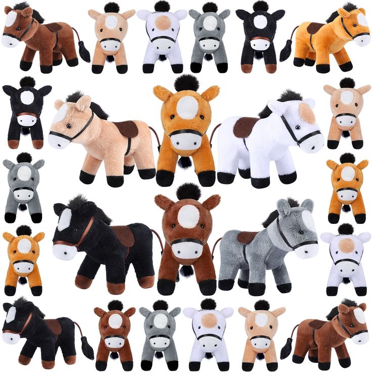 many different types of stuffed animals are shown in this image, including horses and donkeys