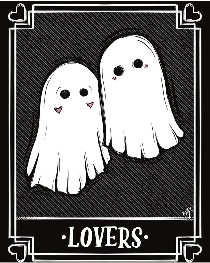 two white ghost faces with the words lovers written on them, in front of a black background