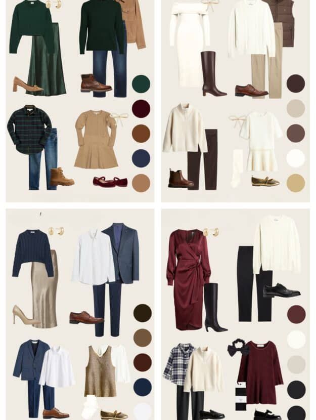 an assortment of clothes and shoes arranged in four different sections, including one with long sleeves