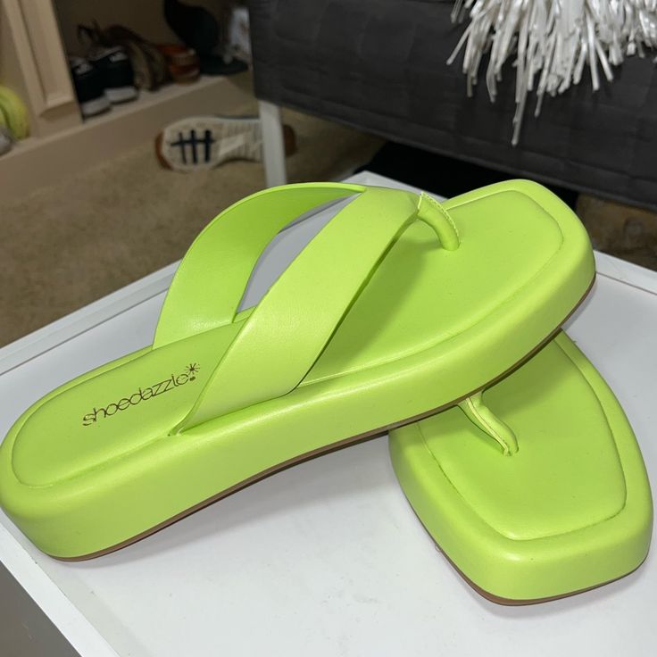 Never Worn! Neon Green Size - 8 1/2 From Fab Fit Fun Green Synthetic Sandals With Chunky Platform, Green Chunky Platform Sandals With Round Toe, Neon Green Shoes, Chunky Flip Flops, Fab Fit Fun, Green Shoes, Shoe Dazzle, Neon Green, Women's Shoes Sandals