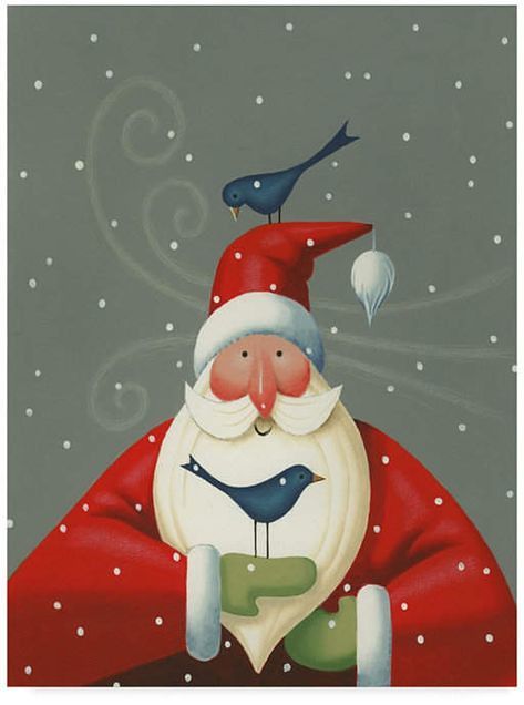 a painting of santa claus sitting on top of a snow covered hill with two birds perched on his head