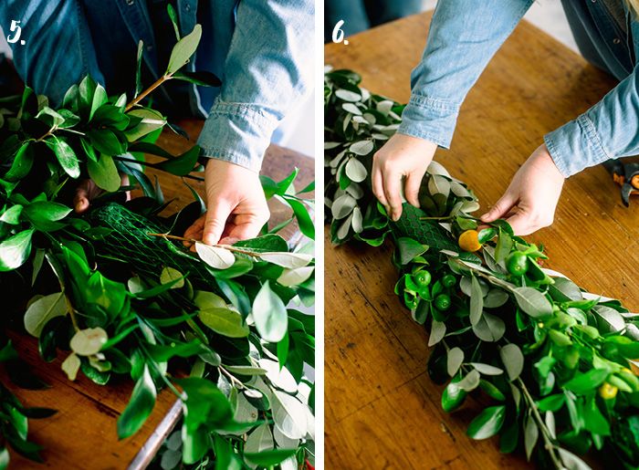 two pictures showing how to make a wreath with fake leaves and flowers on the table