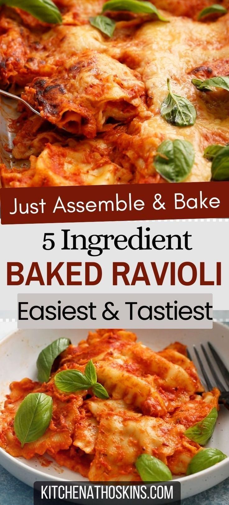 baked ravioli with spinach and basil on top