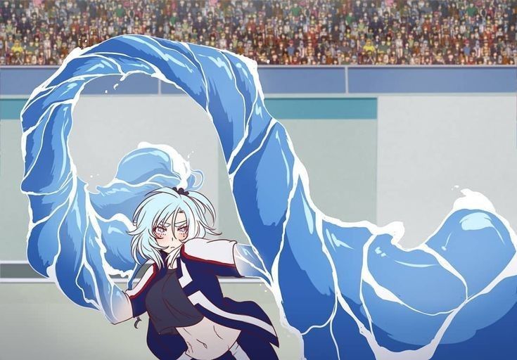 an anime character holding a giant blue object in front of a large stadium filled with people