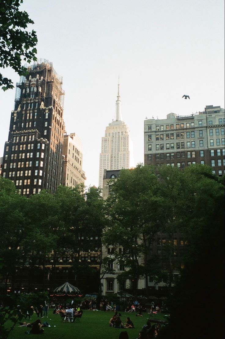 people are sitting on the grass near tall buildings