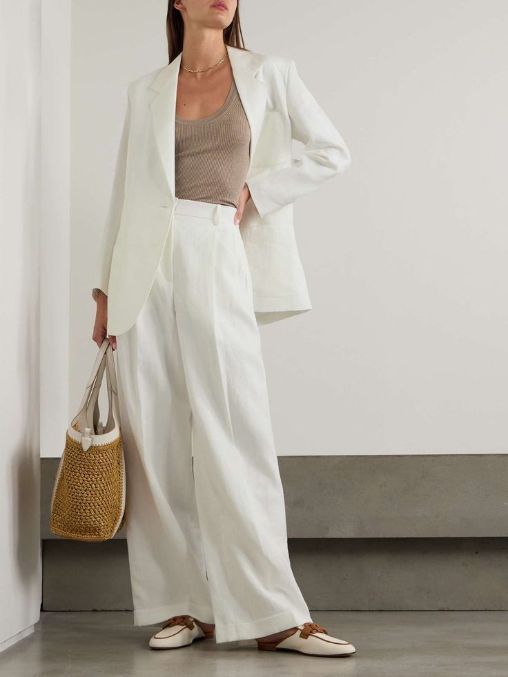 TOD'S Pleated linen wide-leg pants | NET-A-PORTER Classic White Linen Wide Leg Pants, Classic Full Length Wide Leg Linen Pants, Classic Full-length Linen Wide Leg Pants, Classic Full Length Linen Wide Leg Pants, Elegant Neutral Linen Pants, Elegant White Linen Pants, Tailored White Linen Bottoms, White Linen Wide Leg Pants With Straight Hem, Elegant Full-length Linen Wide Leg Pants