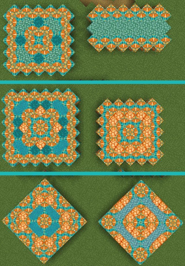 an array of different types of quilts on a green tablecloth with blue and orange designs