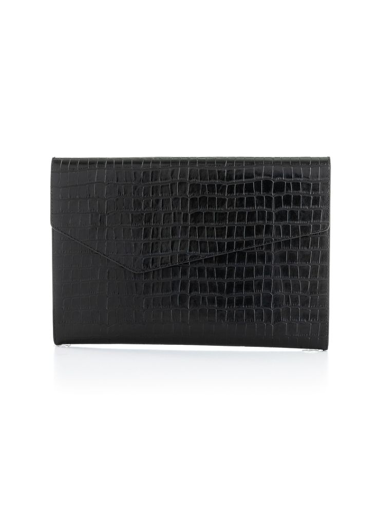 Description Materials Dimensions Now, your gadget can stay safe amidst your busy routine while adding style to your wardrobe. This sophisticated and stylish case feels great to the touch. The lightweight case is easy to hold, protects your MacBook, and adds a stylish touch to your outfit. It works with both men's and women's looks. Leather: Italian leather in Black Croco Wood: American walnut inlay with metal logo At our workshop, every piece of our collection is handcrafted from natural materia Trendy Black Rectangular Case, Modern Black Bag With Hidden Phone Sleeve, Elegant Formal Laptop Sleeve Case, Elegant Travel Cases With Laptop Sleeve, Elegant Black Travel Cases, Black Rectangular Office Case, Modern Black Cases With Laptop Sleeve, Modern Black Cases For Office, Chic Formal Bags With Rfid Blocking