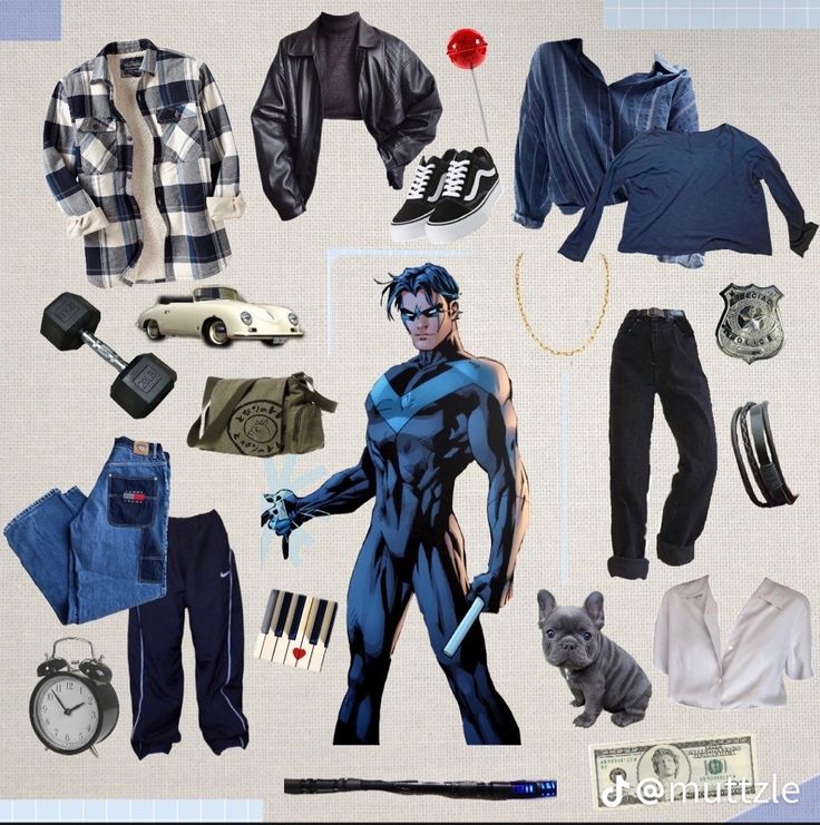 a collage of clothing and accessories including a man in blue, black and white