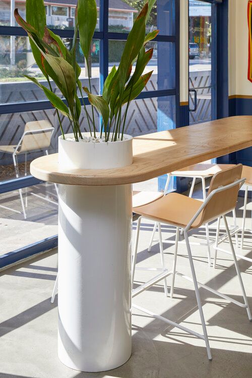 there is a potted plant in the middle of a table with chairs around it