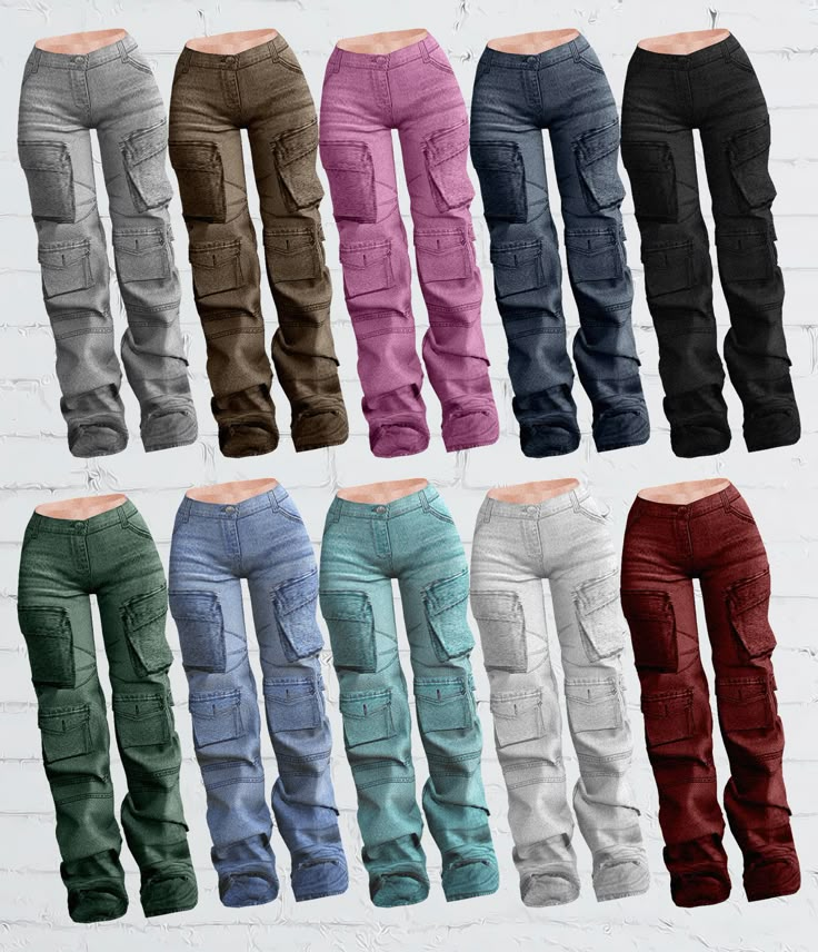 several different colored pants are shown in this image