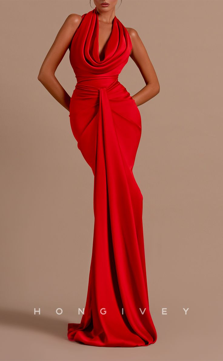 This sexy red satin dress is perfect for any special occasion. Featuring an empire waist and halter neckline with a sweep train, the ruched detailing provides a form-fitting silhouette. Look and feel your best in this stunning evening dress. Halter Neck Ruched Evening Dress, Ruched Halter Neck Evening Dress, Red Draped Evening Dress For Gala, Red Draped Gala Evening Dress, Elegant Draped Red Carpet Dress, Red Ruched Satin Evening Dress, Red Draped Maxi Dress For Party, Red Dress With Satin Finish And Fitted Bodice, Red Fitted Bodice Dress With Satin Finish