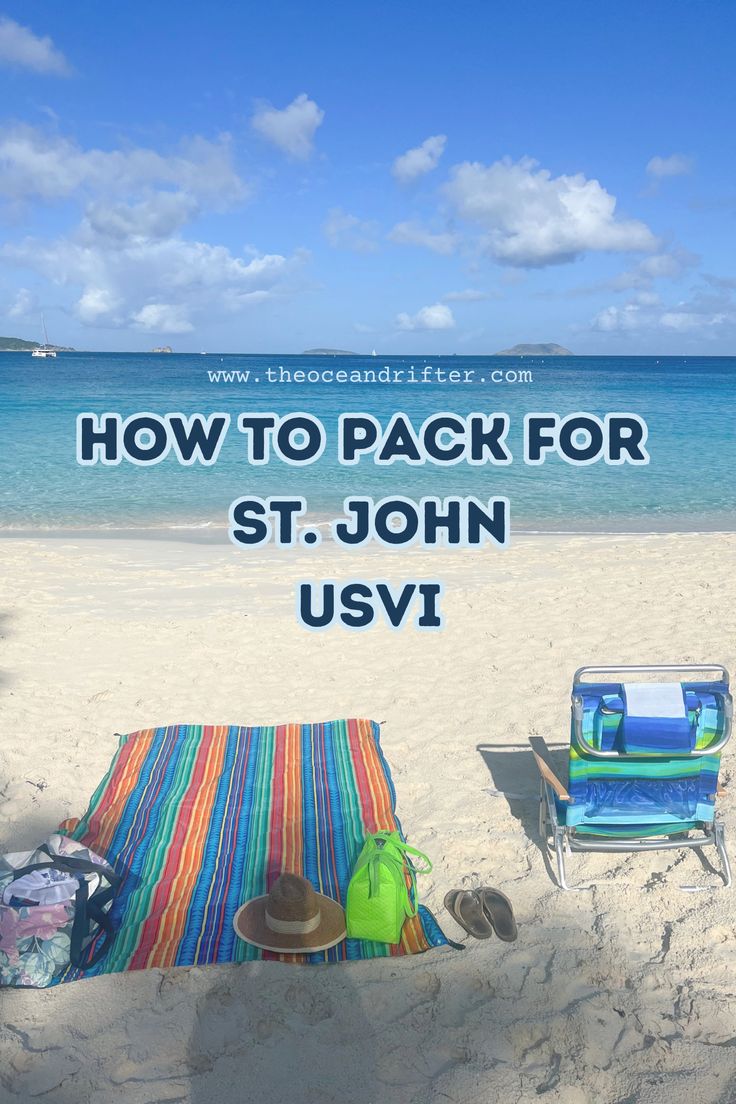 Beach day setup with blanket and chair and the ocean in the background. St John Day Trip, St John Packing List, Island Vacation Packing List, St John Island, Packing For St Thomas Us Virgin Islands, Usvi Vacation Outfits, St. John’s Virgin Islands, At John Usvi, What To Pack For St Thomas