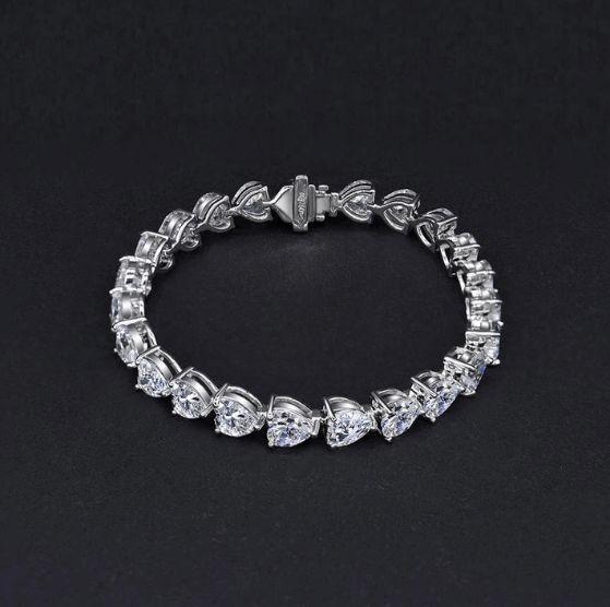 Information Metal: 925 Sterling Silver; Chain Length/Perimeter: 160mm/170mm/180mm; Plating Color: White Gold Gem type: Sona Simulated Diamond Stone Shape: Heart Cut(6*6mm) Number of Stones 24; Stone Color: White Stone Women In White, Classic Bangles, Simulated Diamond Rings, Gemstone Bangle, 925 Sterling Silver Chain, White Stone, Wedding Bracelet, Sterling Silver Heart, Tennis Bracelet