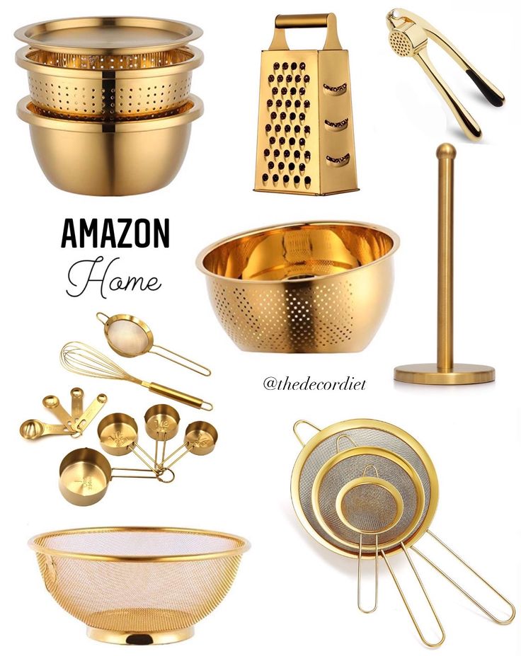 gold kitchen accessories are featured in this image