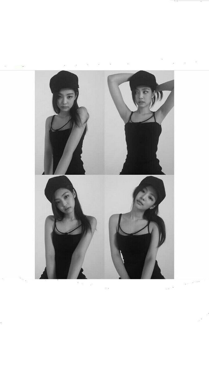 four different pictures of a woman in black and white with her hands on her head