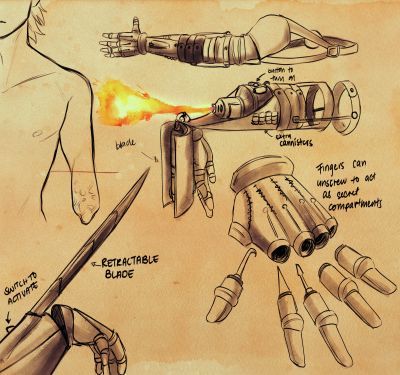 a drawing of some kind of mechanical device with flames coming out of its arms and hands