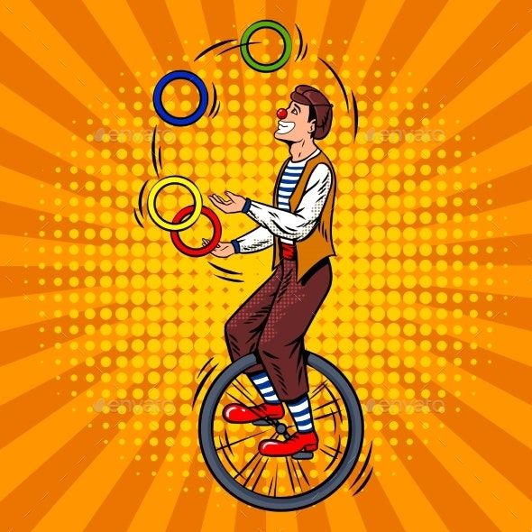 a circus clown juggling on an unicycle