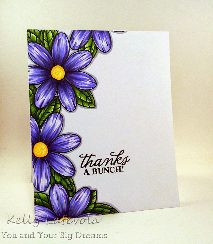 a handmade thank card with purple flowers