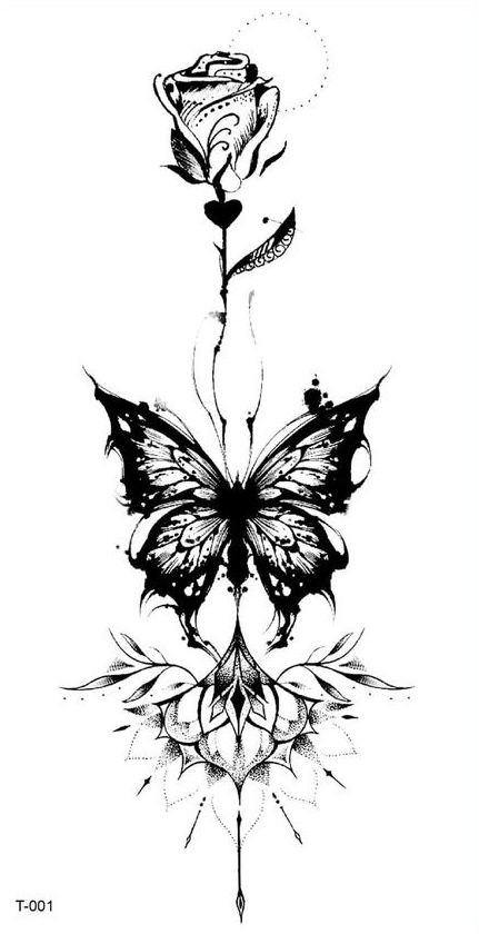 a black and white drawing of a flower with a butterfly on it