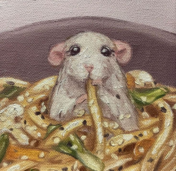 a painting of a mouse eating spaghetti