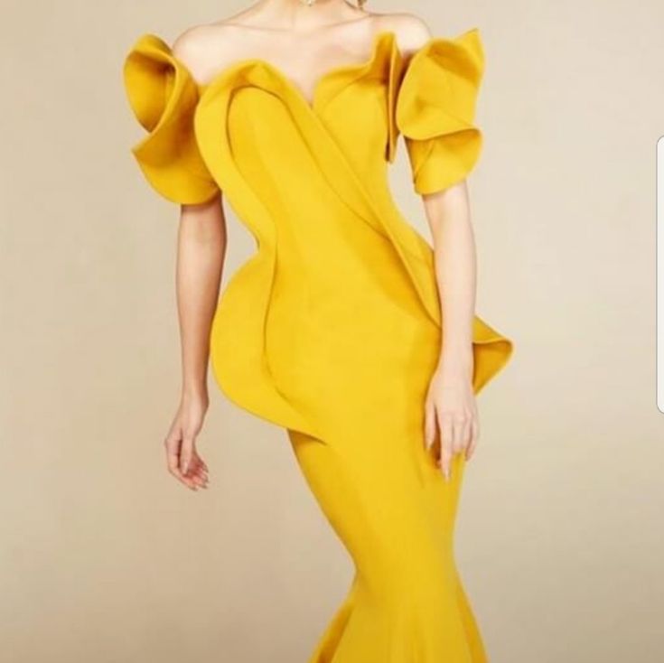 In Excellent Condition. Has Been Worn Only Once. Yellow Fitted Maxi Dress For Banquet, Fitted Yellow Gown For Banquet, Fitted Yellow Maxi Dress For Banquet, Elegant Yellow Banquet Dress, Yellow Ruffled Party Gown, Yellow Fitted Gown For Evening Dress, Yellow Fitted Gown For Evening, Fitted Yellow Gown For Evening, Yellow Evening Dress With Fitted Bodice