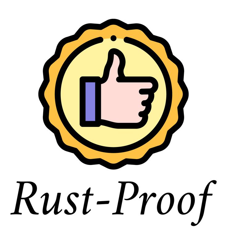 the logo for rust - proof is shown in black and yellow with a thumbs up