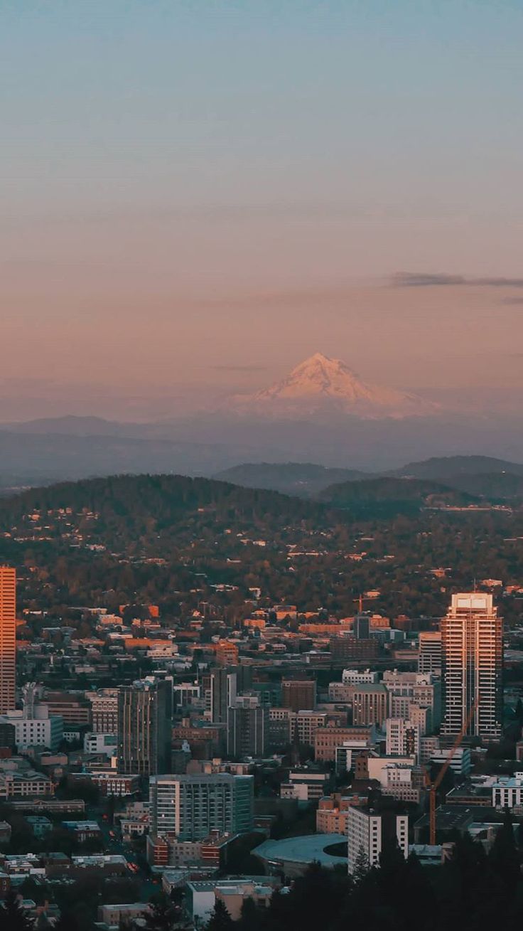 the city is surrounded by tall buildings and mountains in the distance, with snow - capped mountain in the distance