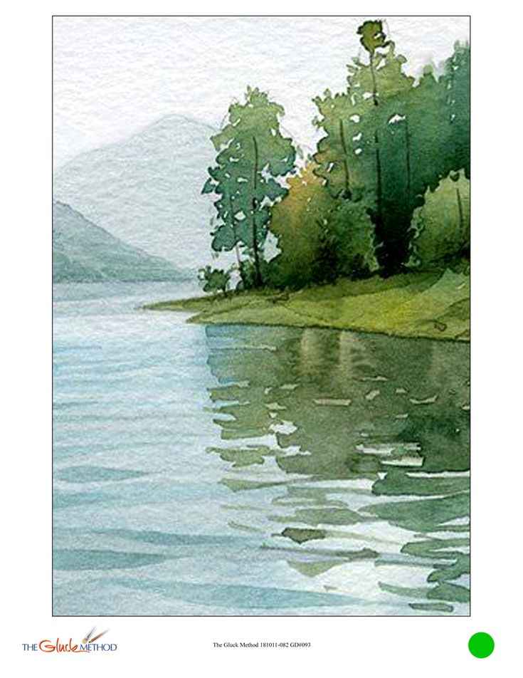 a watercolor painting of trees on the shore of a lake