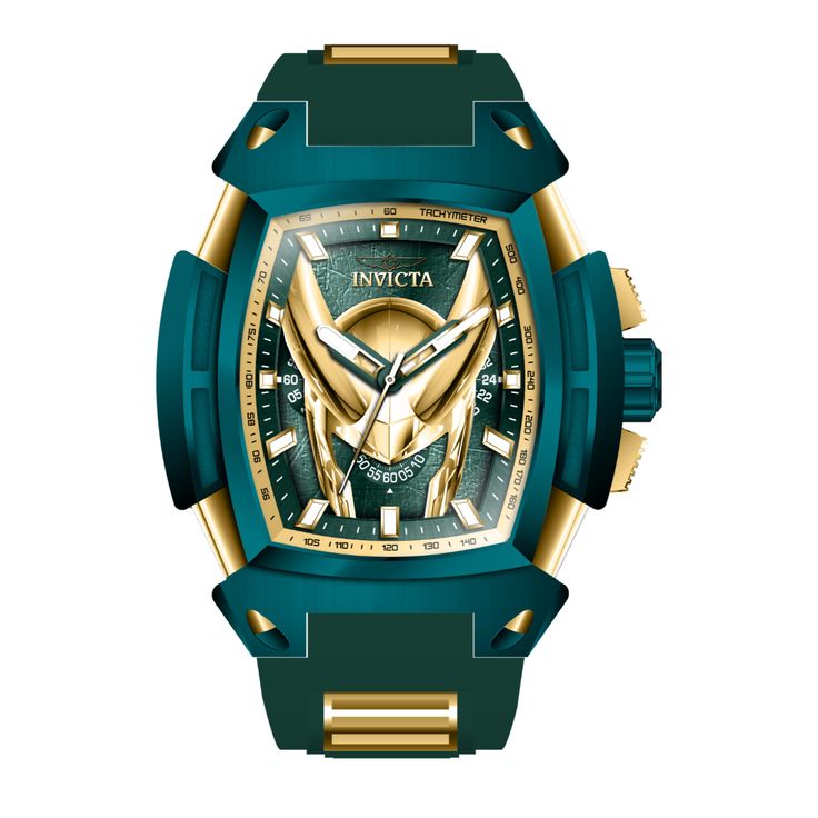 This eye-catching Invicta watch from the Marvel collection is powered by an accurate Quartz movement, with a green, gold case. Its face is decorated by a green, gold, metal dial, and protected by a sturdy Flame Fusion Crystal. A green, gold, silicone, stainless steel band completes this timepiece that can resist water for up to 100 m. In collaboration with Marvel Studios, this masterful collection is comprised of famed superheroes and villains straight from the iconic comic books and motion pict Green Analog Outdoor Watch, Green Analog Display Watch For Outdoor, Green Chronograph Watch With Analog Round Dial, Green Watches With Metal Dial For Outdoor, Modern Green Watch With Rectangular Dial, Green Outdoor Watches With Metal Dial, Green Outdoor Watch With Metal Dial, Green Watches With Skeleton Dial, Gold Outdoor Watches With Analog Display