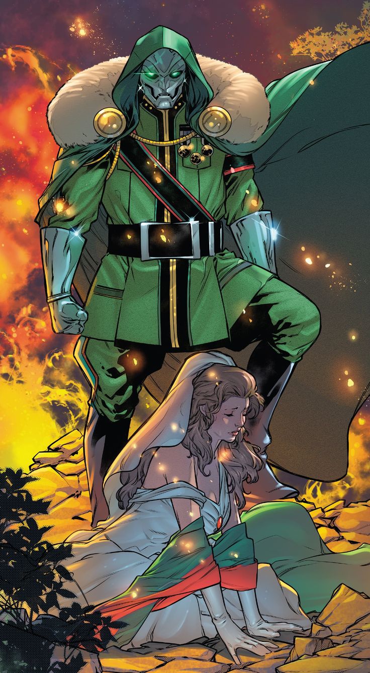 an image of a man in uniform standing next to a woman on the ground with fire behind him