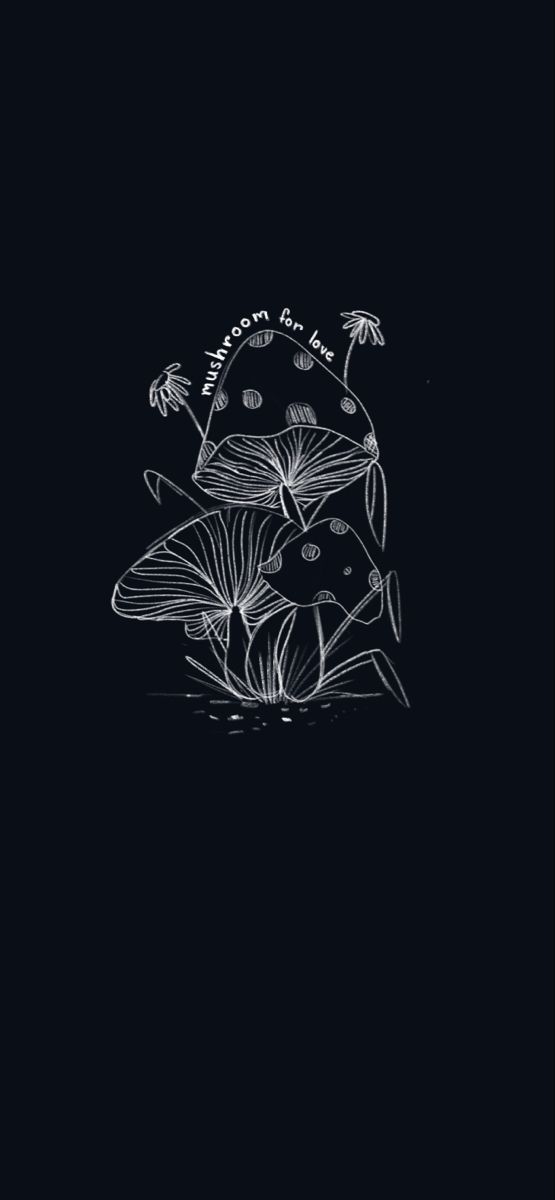 a black and white drawing of mushrooms on a dark background with the words, i love you