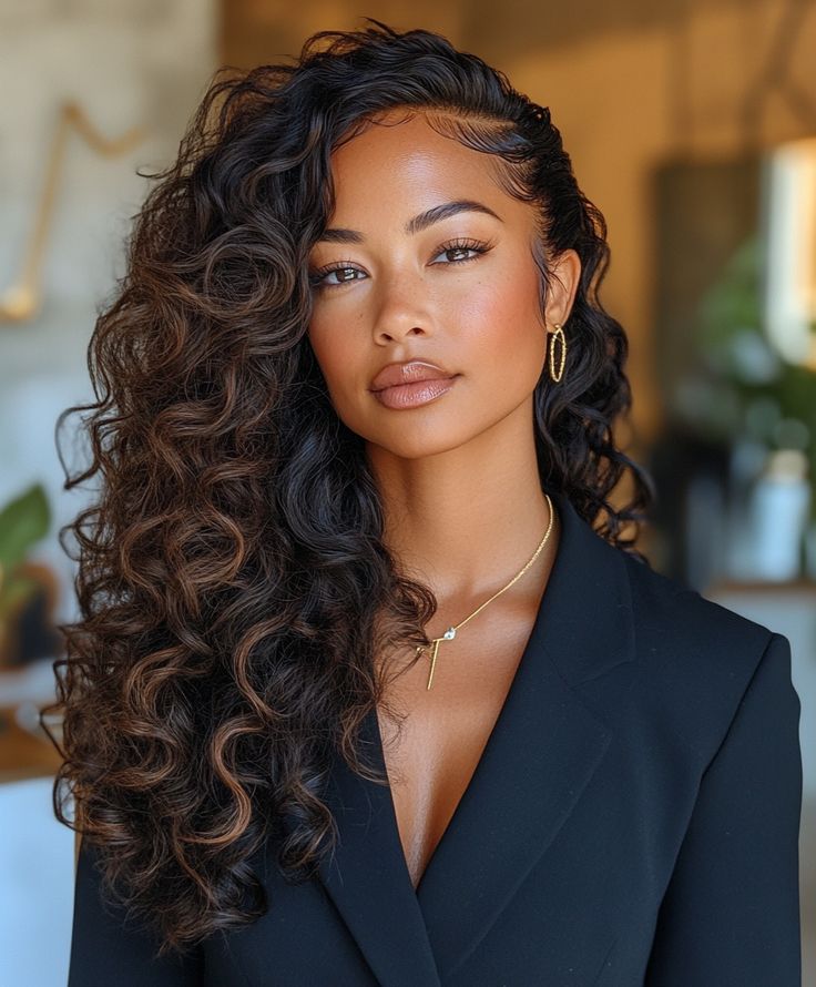 Stylish Side-Swept Curls with Mocha Hair Styles For Dark Skin, Off Center Middle Part Hair, Curled Hair Ideas, Side Part Hairstyles Long Hair, Deep Side Part Hairstyles, Black Hair Wavy, Black Hair Black Women, Side Part Curls, Wine Red Highlights