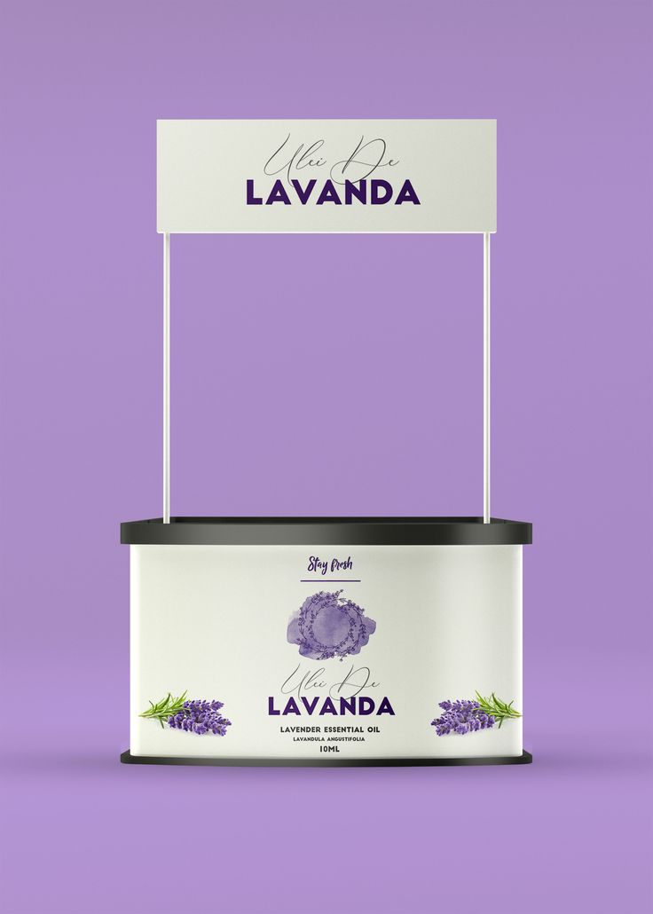 a purple and white stand with a sign on it that says lavandaa in front of a purple background