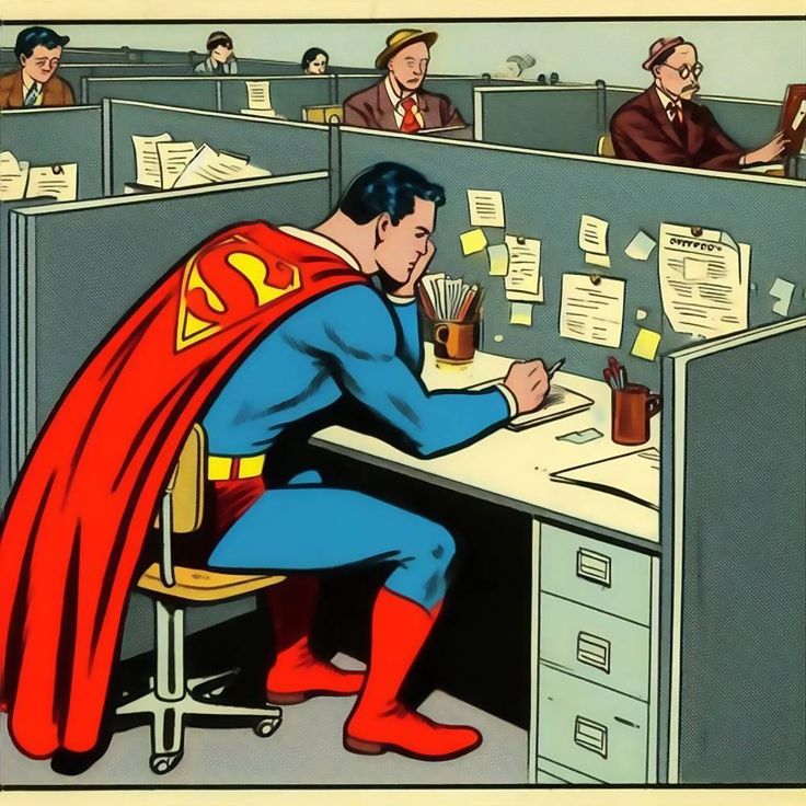 a superman sitting at a desk in an office with other men working on the cubicles