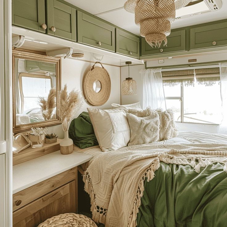 a green and white bedroom with a bed, dresser, mirror and window in it