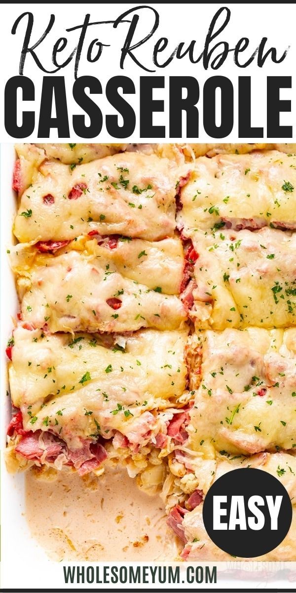 a casserole with meat and cheese on it in a white dish, text reads keto reuben casserole