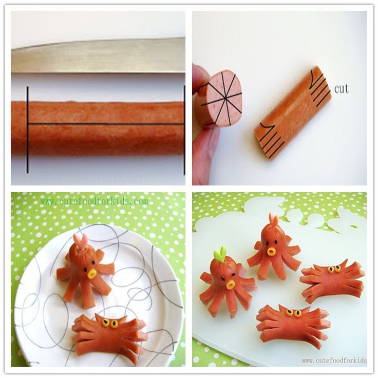 four different pictures showing the process of making clay animals, including carrots and sausage